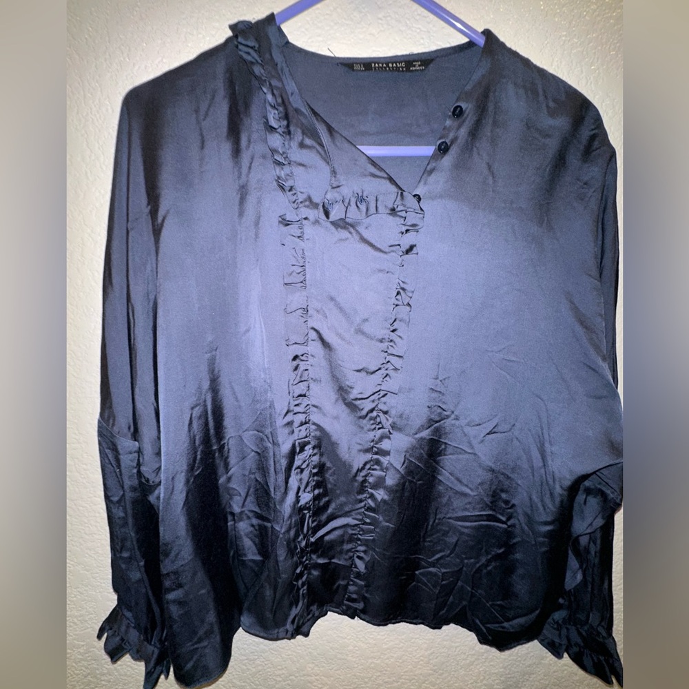 NWOT Zara Basic Women's Blue Silk Long Sleeve Ruffle Blouse Top Size Small